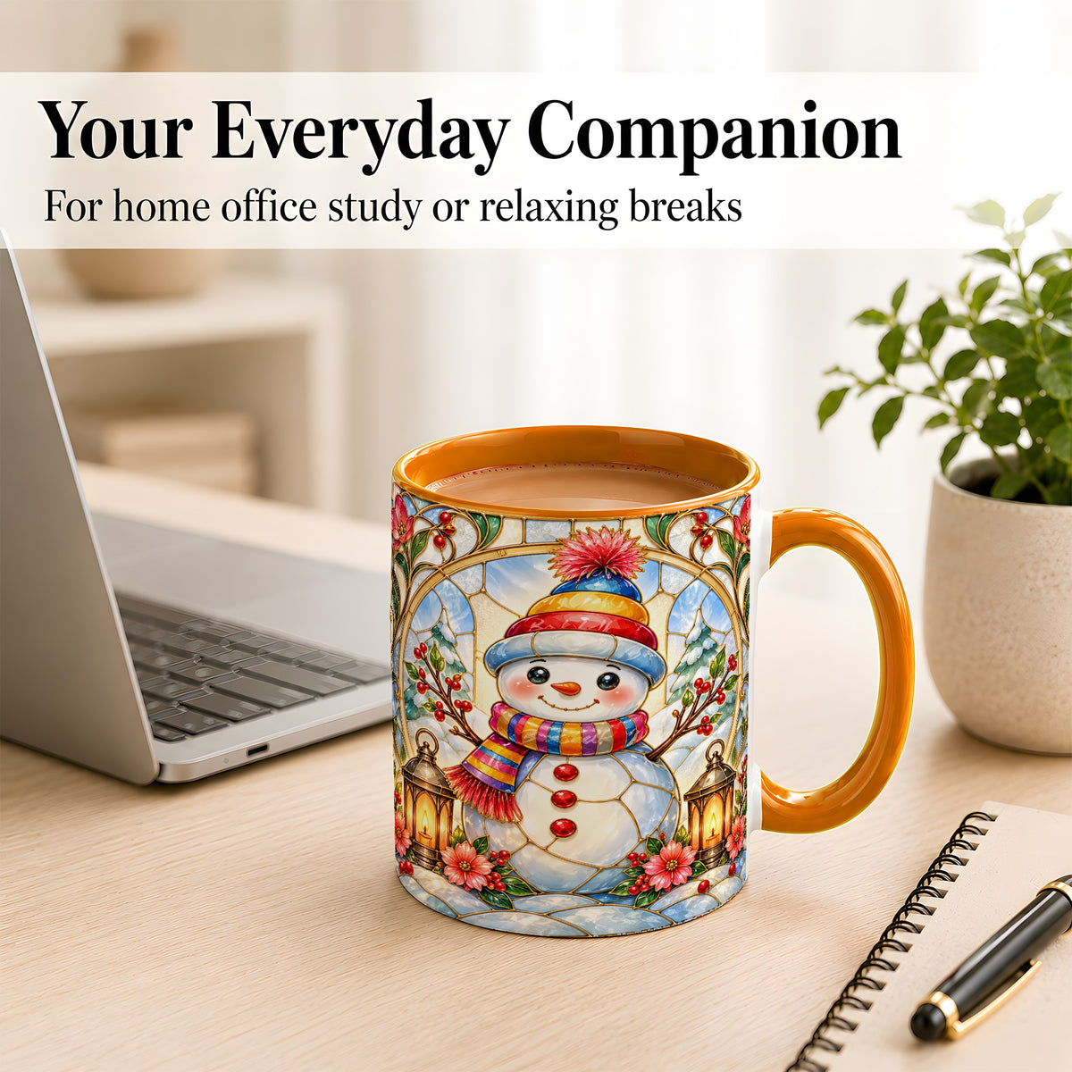#pl[11oz|Orange] Stained Glass Style Snowman Coffee Mug, Winter Snowman Mug, Ceramic Cup