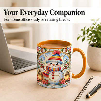 #pl[11oz|Orange] Stained Glass Style Snowman Coffee Mug, Winter Snowman Mug, Ceramic Cup