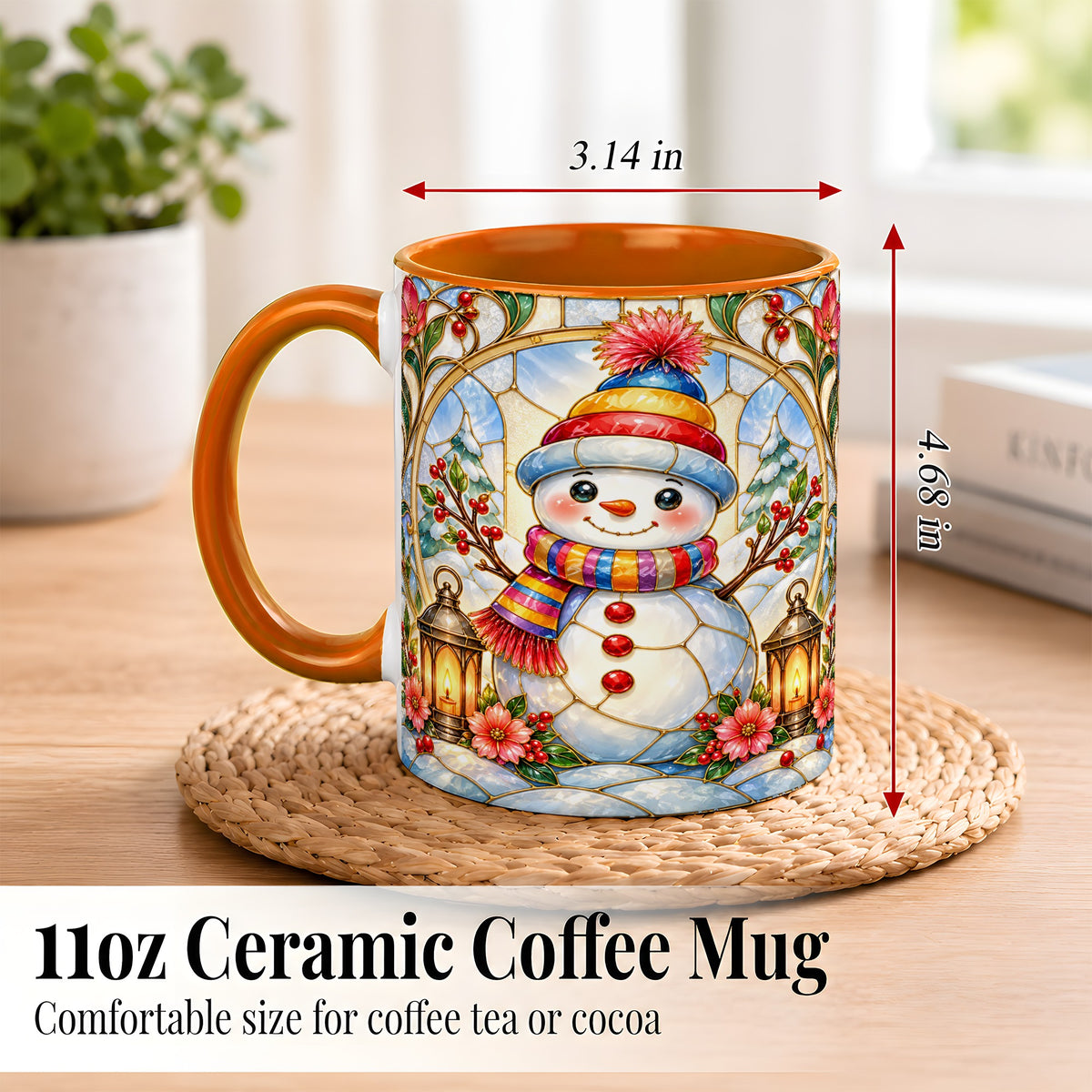 #pl[11oz|Orange] Stained Glass Style Snowman Coffee Mug, Winter Snowman Mug, Ceramic Cup