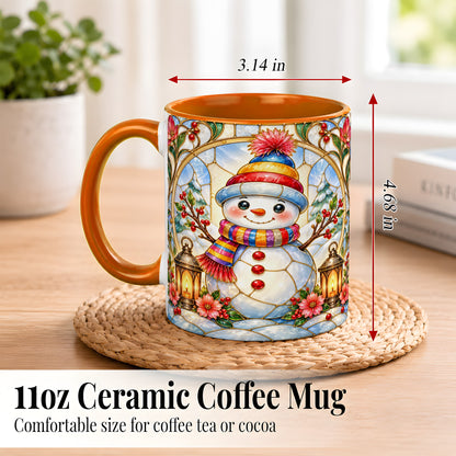 #pl[11oz|Orange] Stained Glass Style Snowman Coffee Mug, Winter Snowman Mug, Ceramic Cup