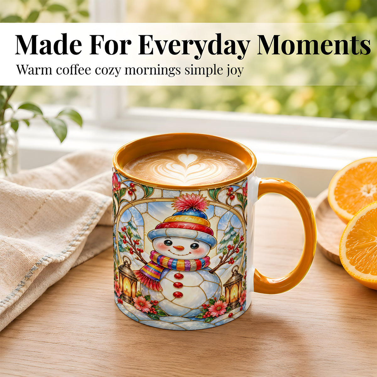 #pl[11oz|Orange] Stained Glass Style Snowman Coffee Mug, Winter Snowman Mug, Ceramic Cup