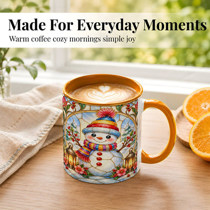 #pl[11oz|Orange] Stained Glass Style Snowman Coffee Mug, Winter Snowman Mug, Ceramic Cup