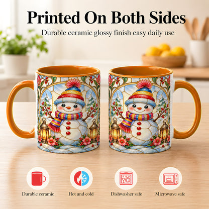 #pl[11oz|Orange] Stained Glass Style Snowman Coffee Mug, Winter Snowman Mug, Ceramic Cup