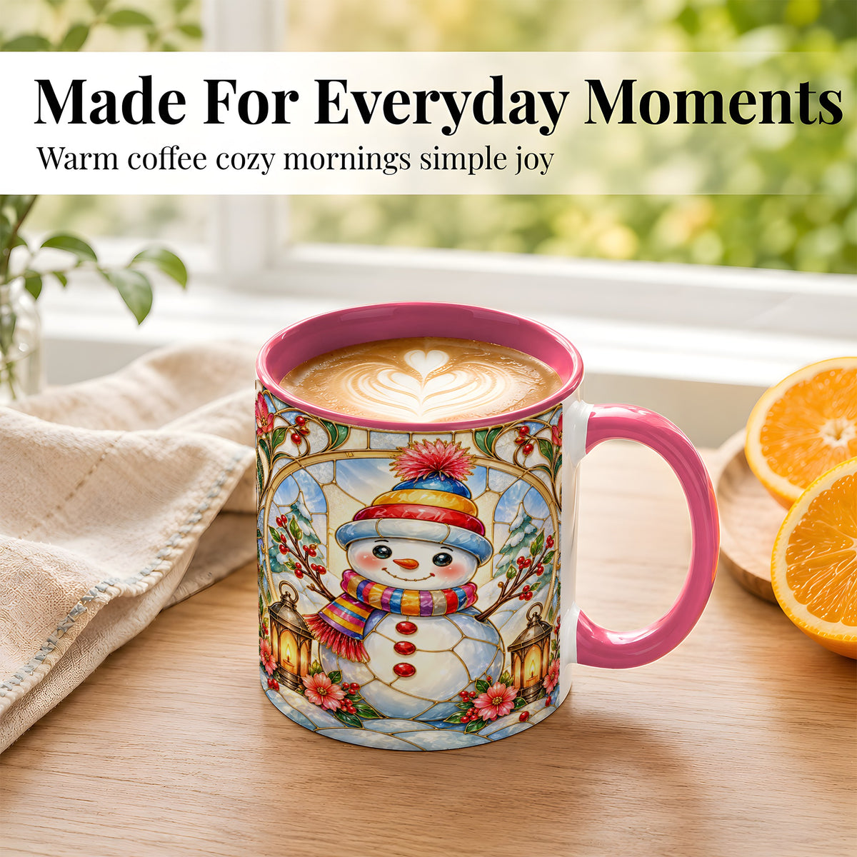 #pl[11oz|Pink] Stained Glass Style Snowman Coffee Mug, Winter Snowman Mug, Ceramic Cup