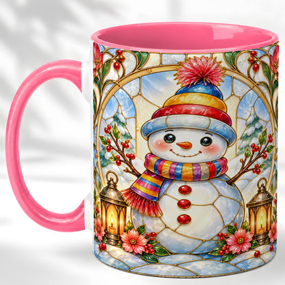#pl[11oz|Pink] Stained Glass Style Snowman Coffee Mug, Winter Snowman Mug, Ceramic Cup