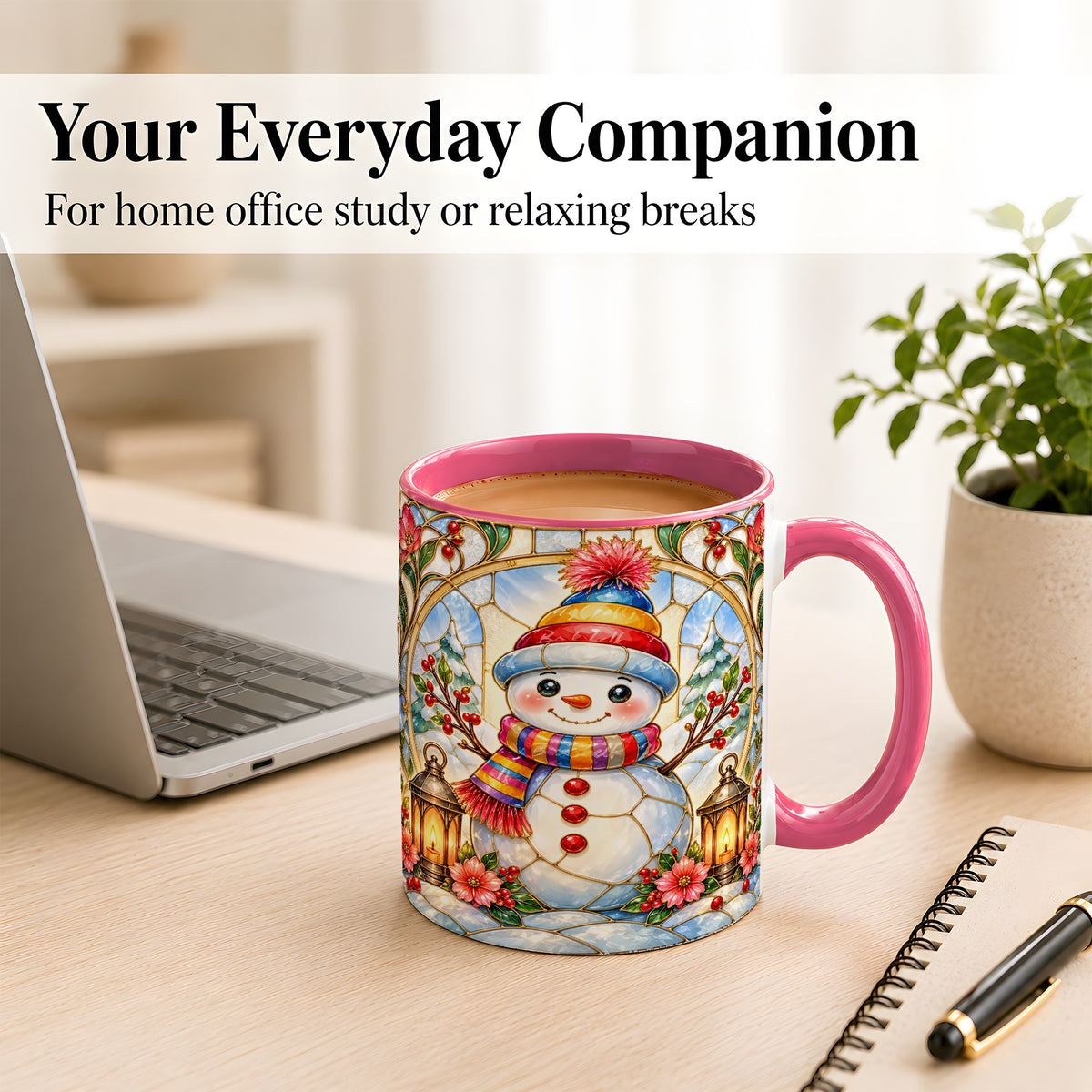 #pl[11oz|Pink] Stained Glass Style Snowman Coffee Mug, Winter Snowman Mug, Ceramic Cup