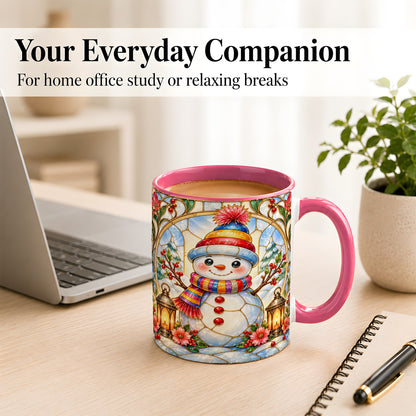#pl[11oz|Pink] Stained Glass Style Snowman Coffee Mug, Winter Snowman Mug, Ceramic Cup