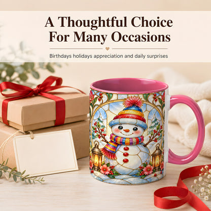 #pl[11oz|Pink] Stained Glass Style Snowman Coffee Mug, Winter Snowman Mug, Ceramic Cup