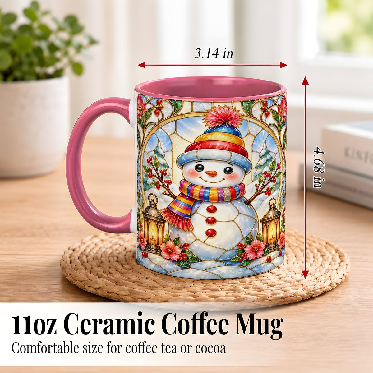 #pl[11oz|Pink] Stained Glass Style Snowman Coffee Mug, Winter Snowman Mug, Ceramic Cup