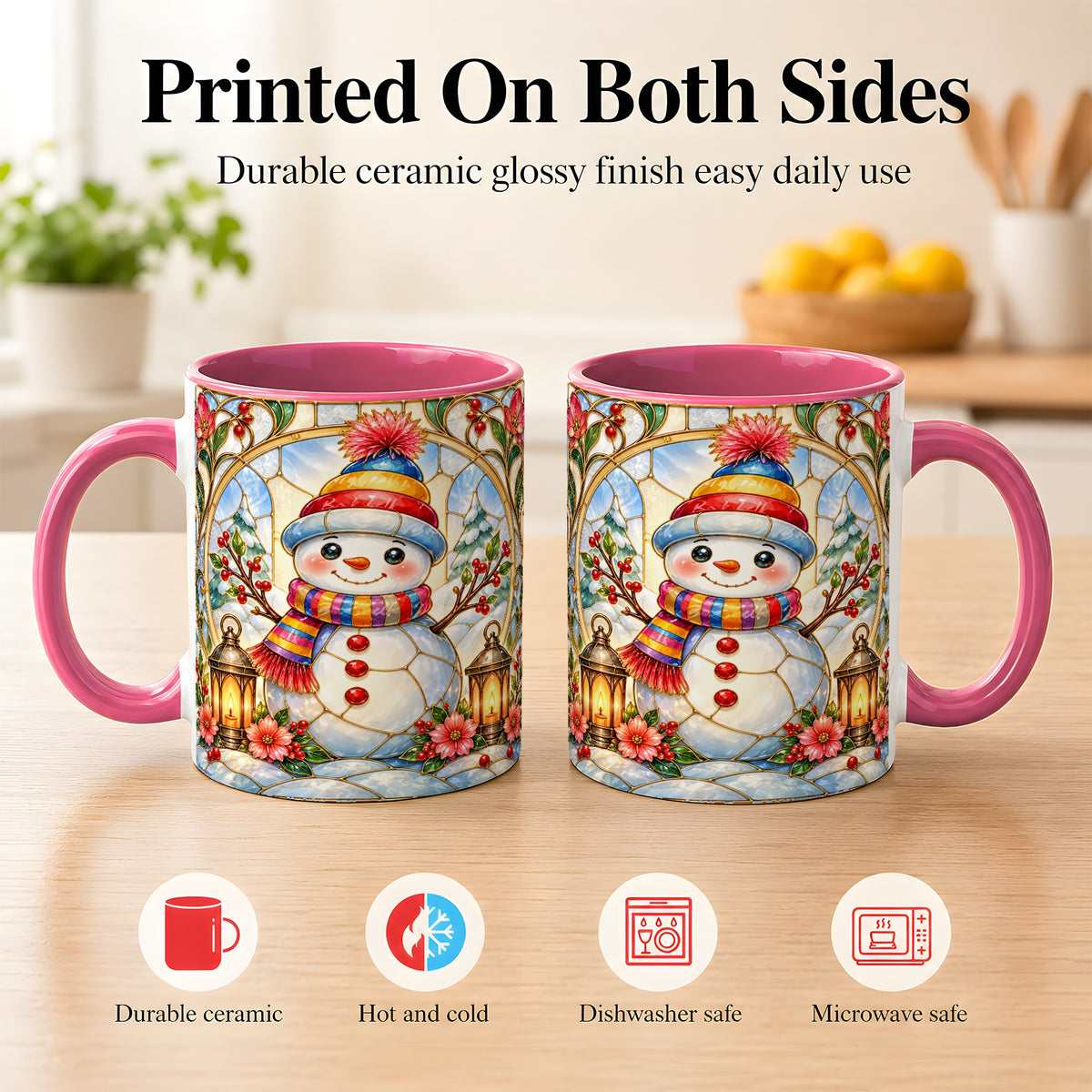 #pl[11oz|Pink] Stained Glass Style Snowman Coffee Mug, Winter Snowman Mug, Ceramic Cup