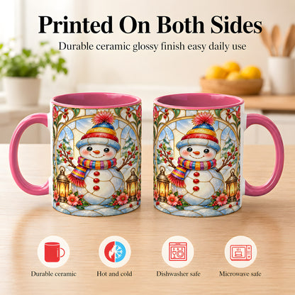 #pl[11oz|Pink] Stained Glass Style Snowman Coffee Mug, Winter Snowman Mug, Ceramic Cup