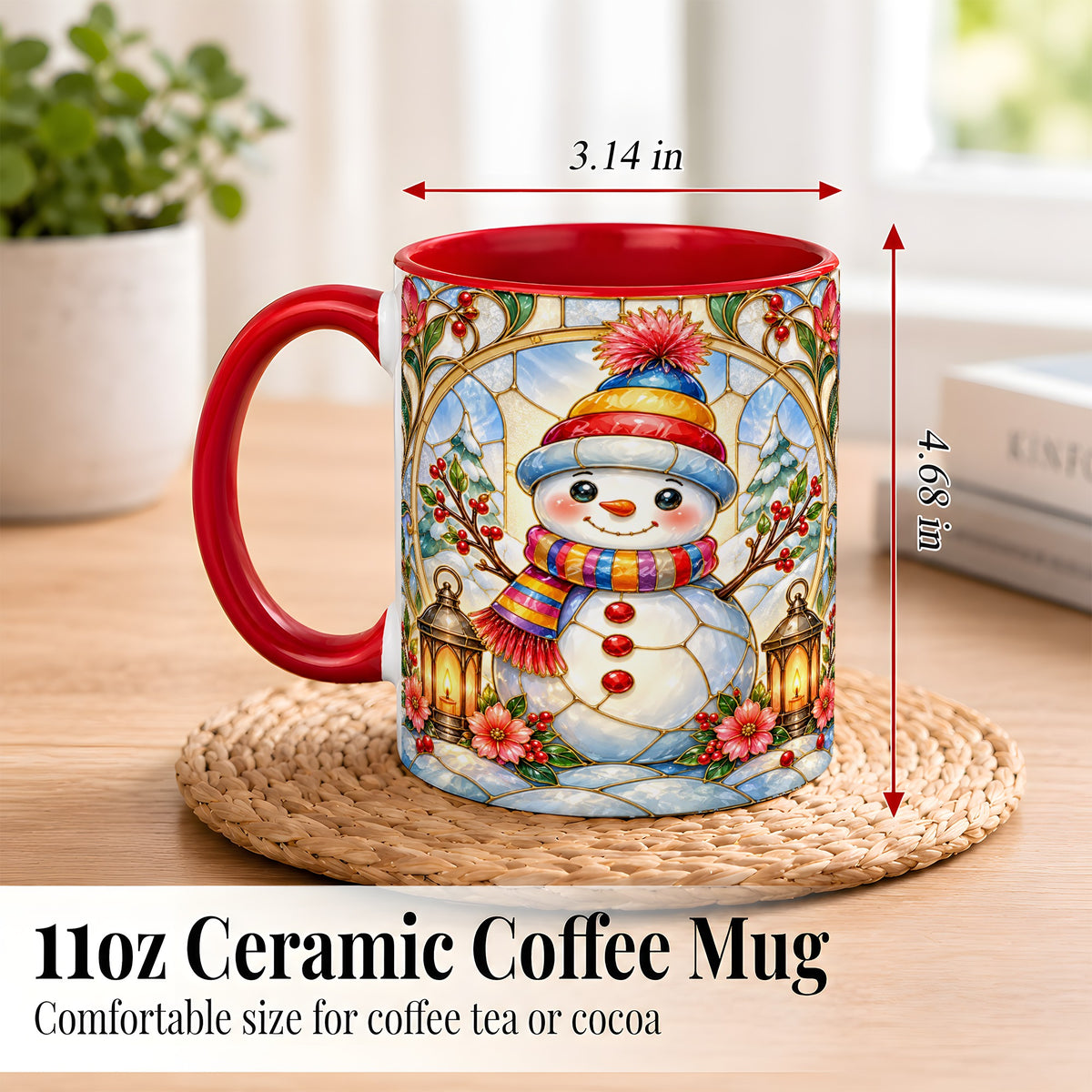 #pl[11oz|Red] Stained Glass Style Snowman Coffee Mug, Winter Snowman Mug, Ceramic Cup