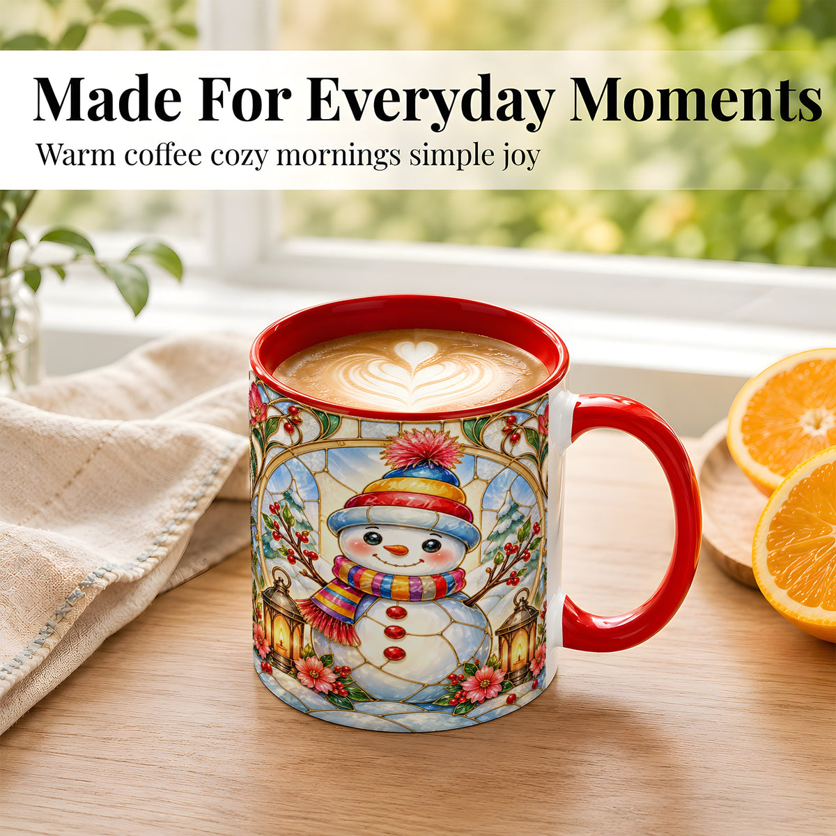 #pl[11oz|Red] Stained Glass Style Snowman Coffee Mug, Winter Snowman Mug, Ceramic Cup