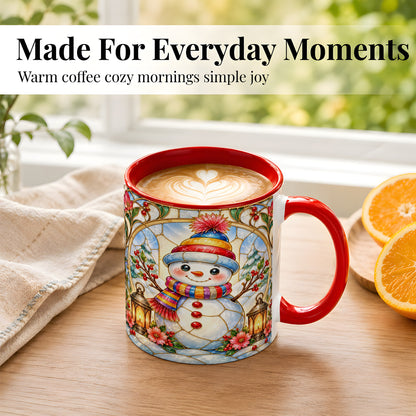 #pl[11oz|Red] Stained Glass Style Snowman Coffee Mug, Winter Snowman Mug, Ceramic Cup