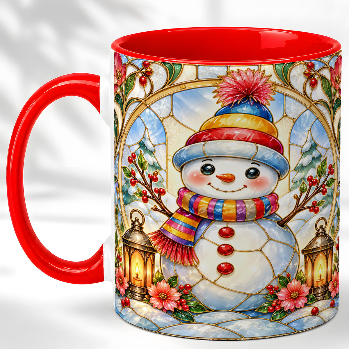 Stained Glass Style Snowman Coffee Mug, Winter Snowman Mug, Ceramic Cup