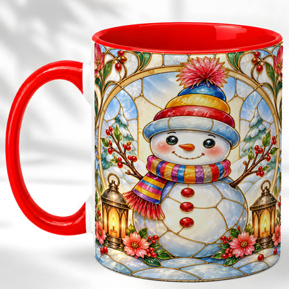 Stained Glass Style Snowman Coffee Mug, Winter Snowman Mug, Ceramic Cup