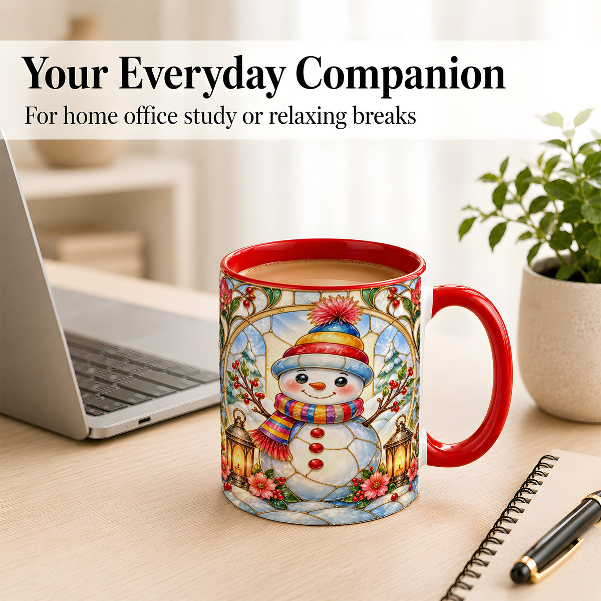 #pl[11oz|Red] Stained Glass Style Snowman Coffee Mug, Winter Snowman Mug, Ceramic Cup