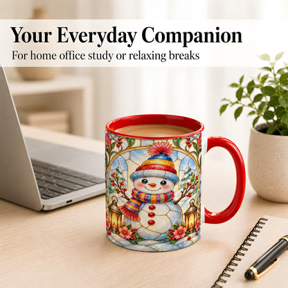 #pl[11oz|Red] Stained Glass Style Snowman Coffee Mug, Winter Snowman Mug, Ceramic Cup