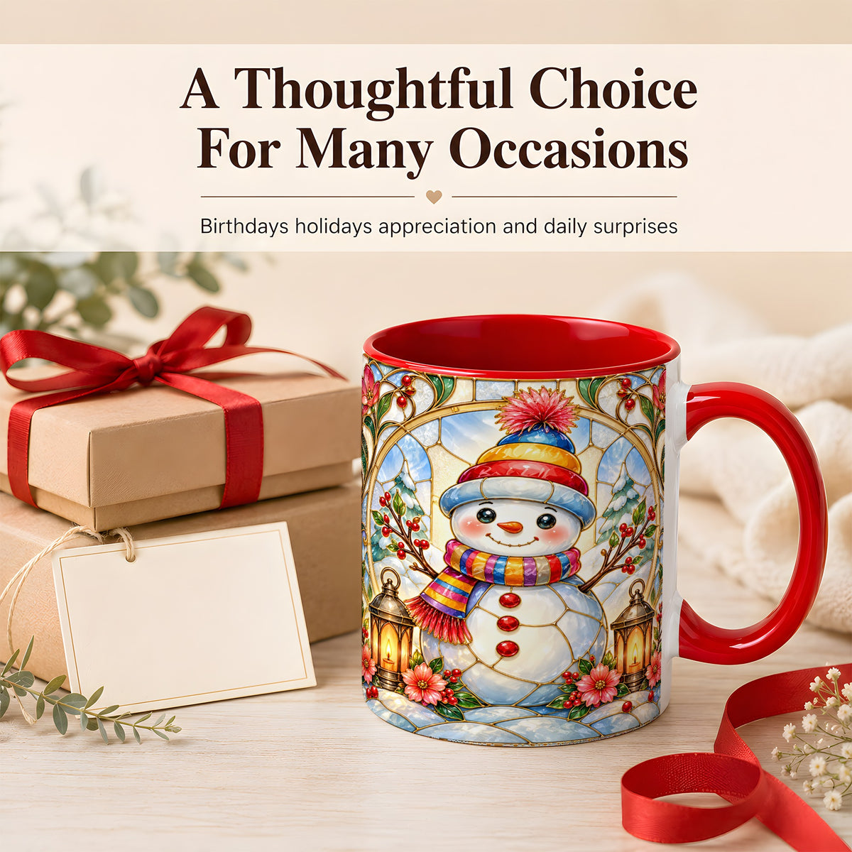 #pl[11oz|Red] Stained Glass Style Snowman Coffee Mug, Winter Snowman Mug, Ceramic Cup