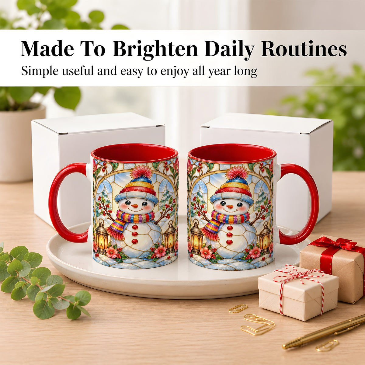 #pl[11oz|Red] Stained Glass Style Snowman Coffee Mug, Winter Snowman Mug, Ceramic Cup