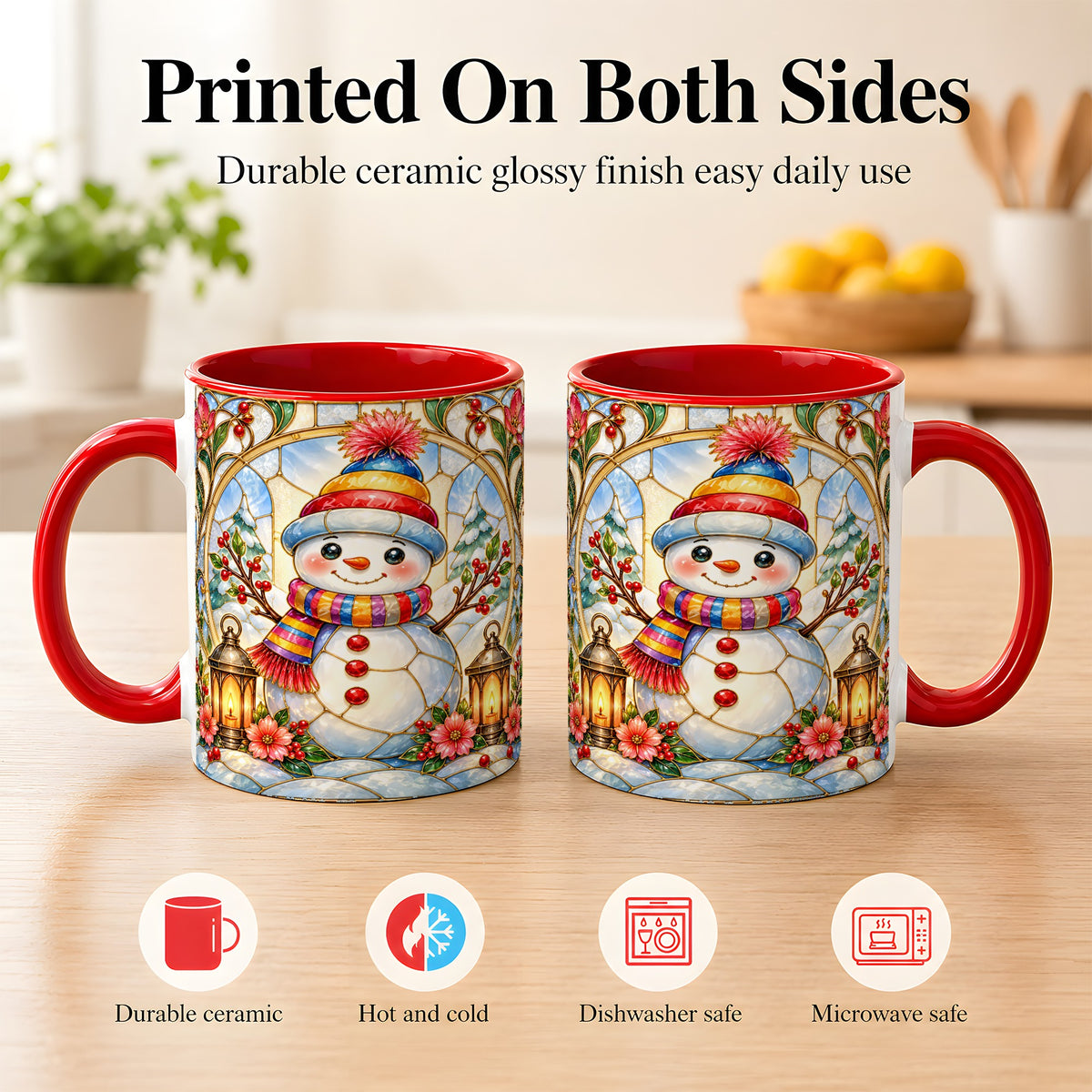 #pl[11oz|Red] Stained Glass Style Snowman Coffee Mug, Winter Snowman Mug, Ceramic Cup