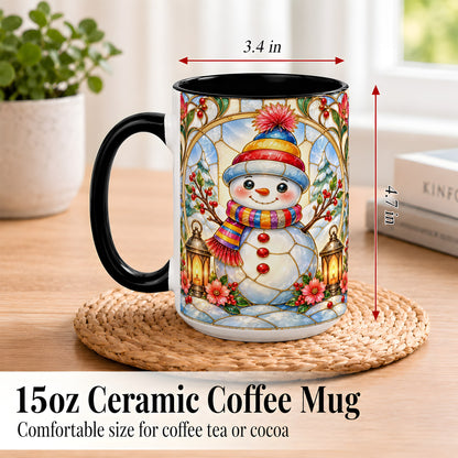 #pl[15oz|Black] Stained Glass Style Snowman Coffee Mug, Winter Snowman Mug, Ceramic Cup