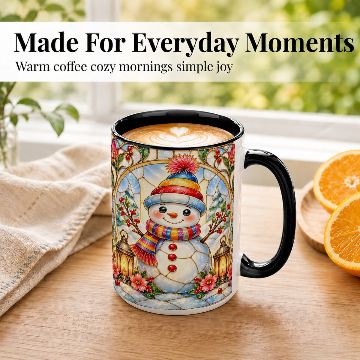 #pl[15oz|Black] Stained Glass Style Snowman Coffee Mug, Winter Snowman Mug, Ceramic Cup