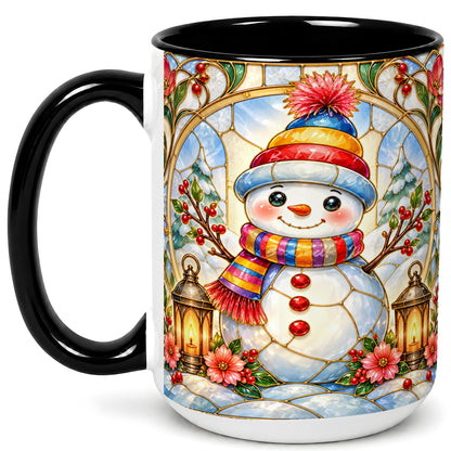 #pl[15oz|Black] Stained Glass Style Snowman Coffee Mug, Winter Snowman Mug, Ceramic Cup