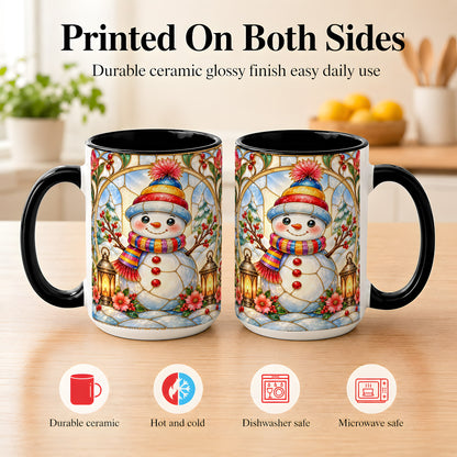 #pl[15oz|Black] Stained Glass Style Snowman Coffee Mug, Winter Snowman Mug, Ceramic Cup