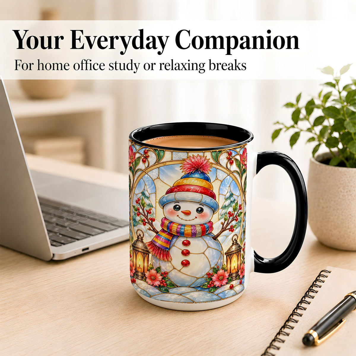 #pl[15oz|Black] Stained Glass Style Snowman Coffee Mug, Winter Snowman Mug, Ceramic Cup