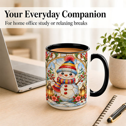 #pl[15oz|Black] Stained Glass Style Snowman Coffee Mug, Winter Snowman Mug, Ceramic Cup