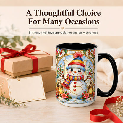 #pl[15oz|Black] Stained Glass Style Snowman Coffee Mug, Winter Snowman Mug, Ceramic Cup