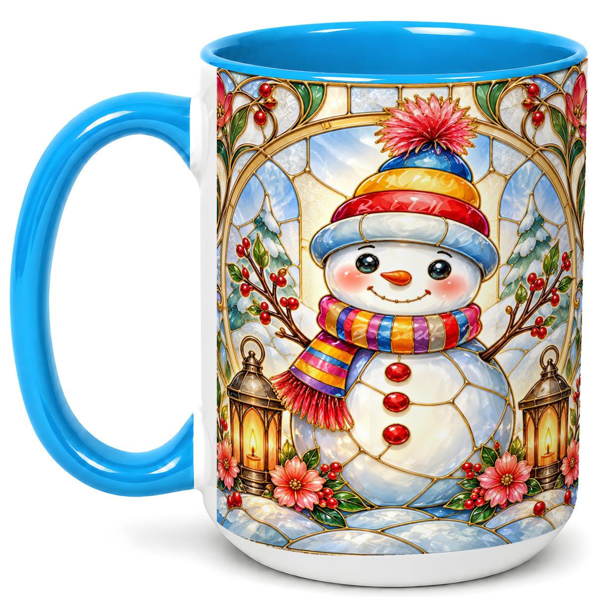 #pl[15oz|Blue] Stained Glass Style Snowman Coffee Mug, Winter Snowman Mug, Ceramic Cup