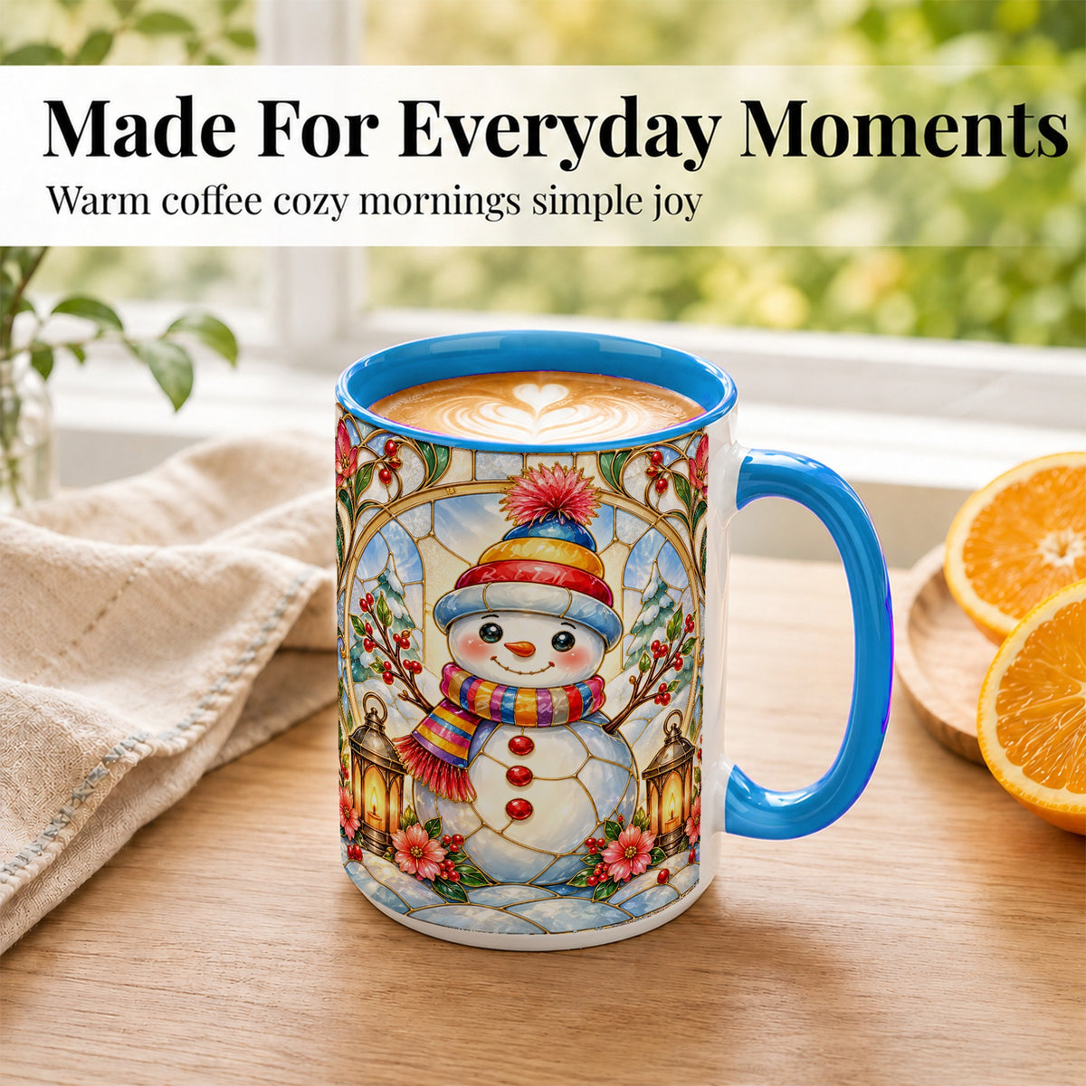 #pl[15oz|Blue] Stained Glass Style Snowman Coffee Mug, Winter Snowman Mug, Ceramic Cup