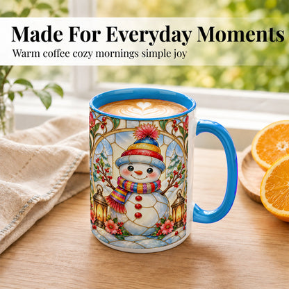 #pl[15oz|Blue] Stained Glass Style Snowman Coffee Mug, Winter Snowman Mug, Ceramic Cup