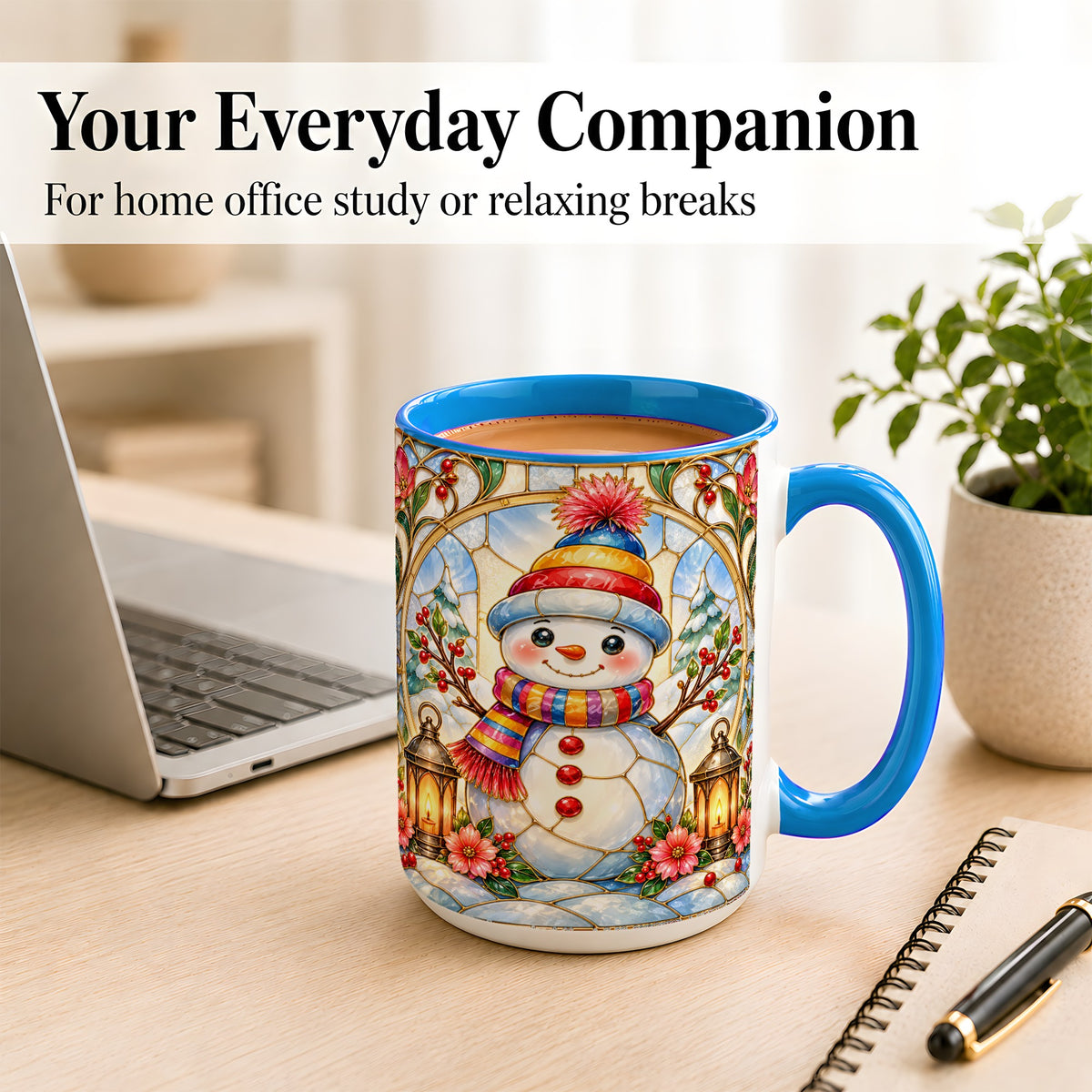 #pl[15oz|Blue] Stained Glass Style Snowman Coffee Mug, Winter Snowman Mug, Ceramic Cup