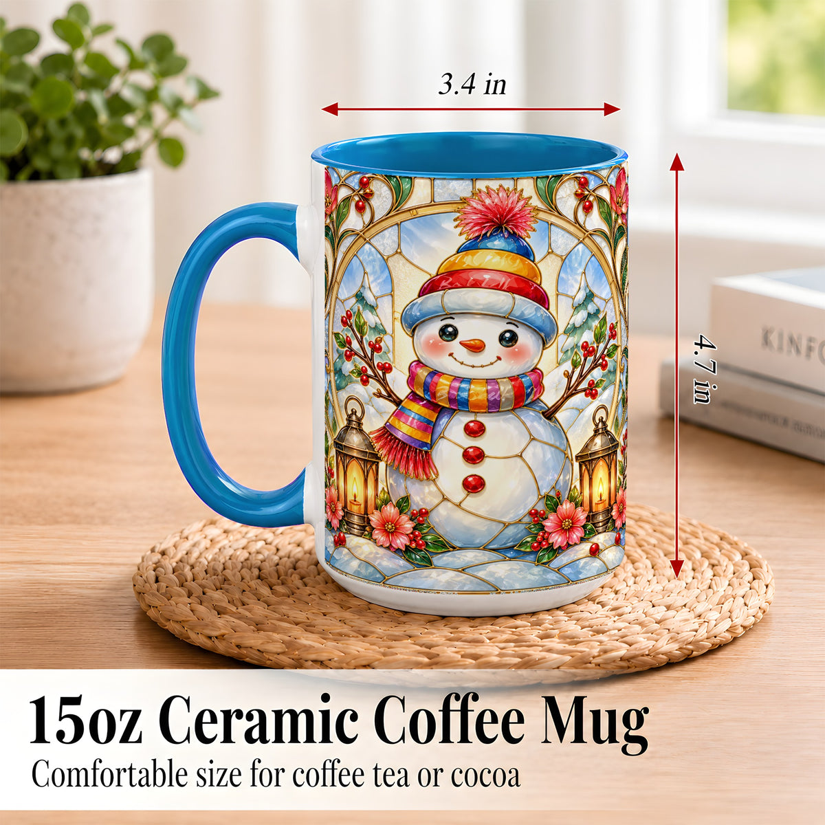 #pl[15oz|Blue] Stained Glass Style Snowman Coffee Mug, Winter Snowman Mug, Ceramic Cup