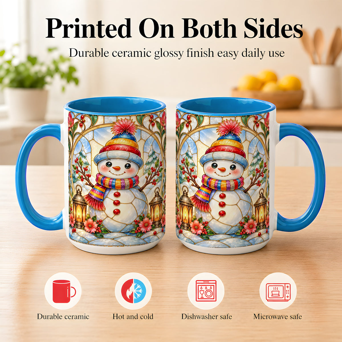 #pl[15oz|Blue] Stained Glass Style Snowman Coffee Mug, Winter Snowman Mug, Ceramic Cup
