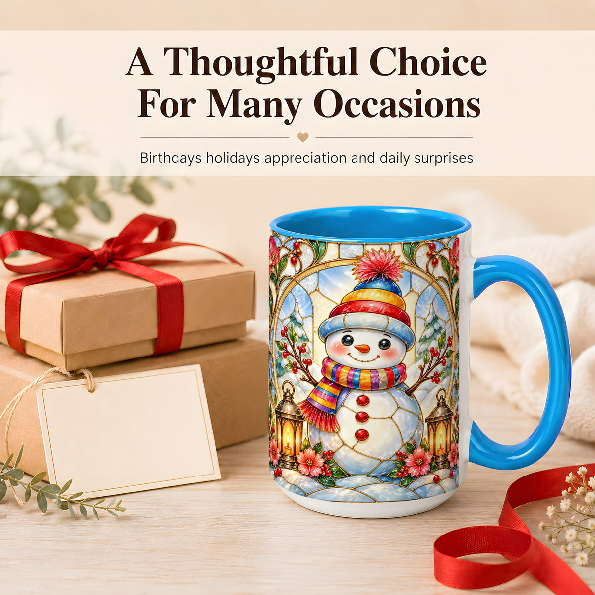 #pl[15oz|Blue] Stained Glass Style Snowman Coffee Mug, Winter Snowman Mug, Ceramic Cup