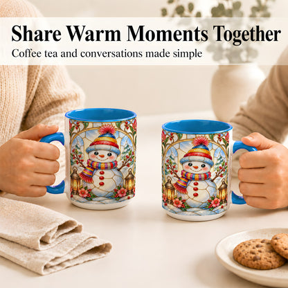 #pl[15oz|Blue] Stained Glass Style Snowman Coffee Mug, Winter Snowman Mug, Ceramic Cup