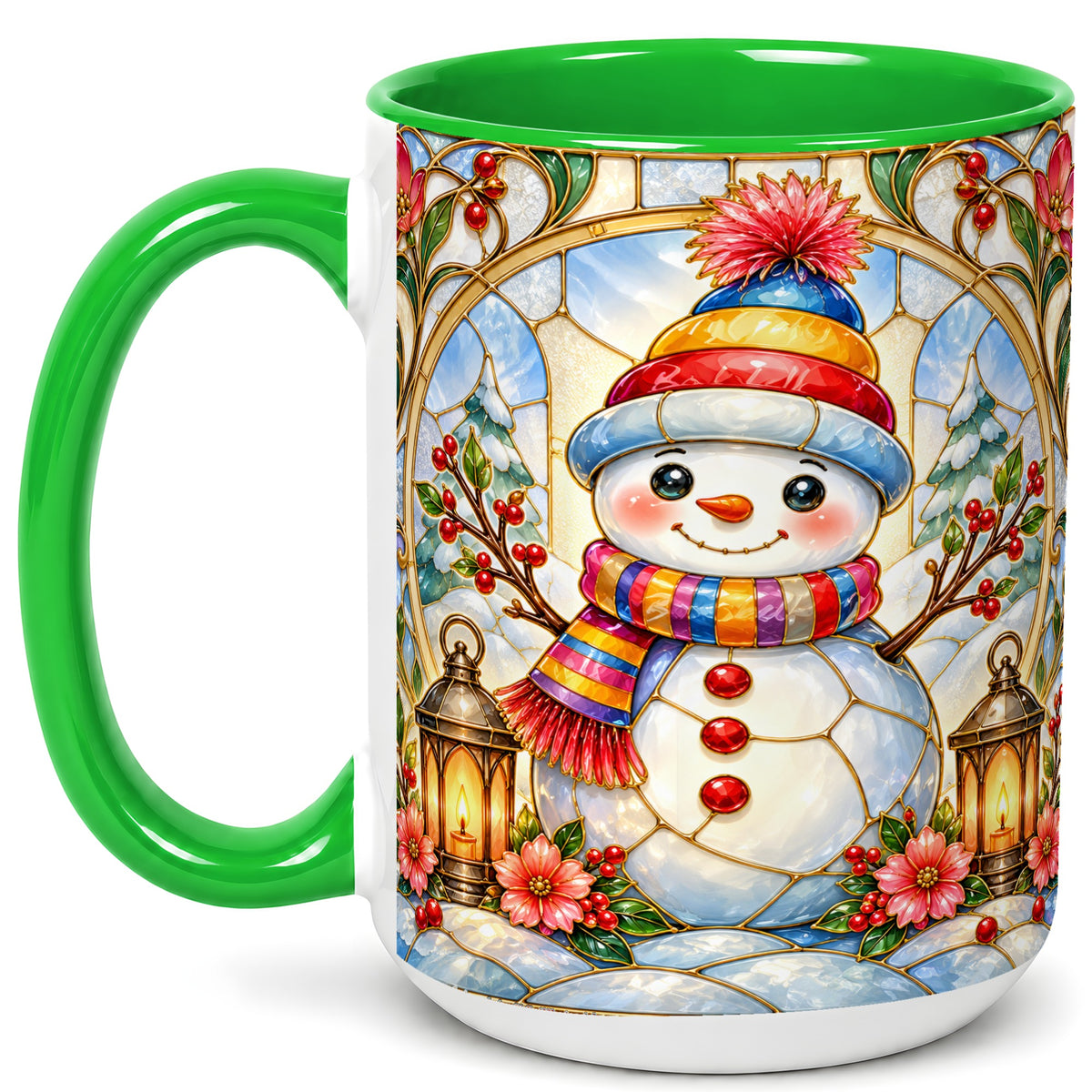 #pl[15oz|Green] Stained Glass Style Snowman Coffee Mug, Winter Snowman Mug, Ceramic Cup