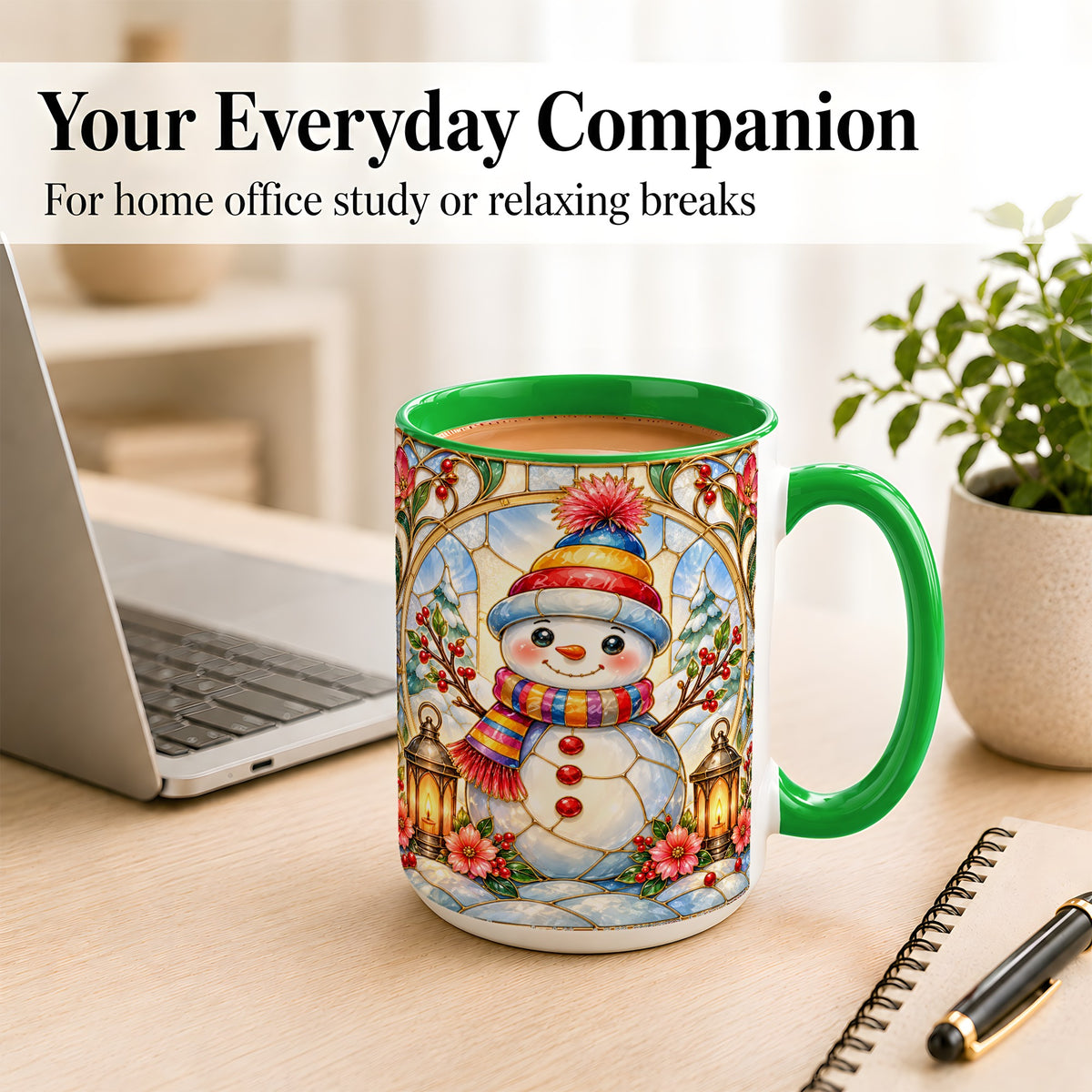 #pl[15oz|Green] Stained Glass Style Snowman Coffee Mug, Winter Snowman Mug, Ceramic Cup
