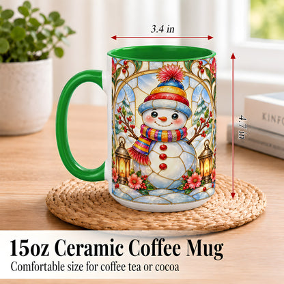 #pl[15oz|Green] Stained Glass Style Snowman Coffee Mug, Winter Snowman Mug, Ceramic Cup