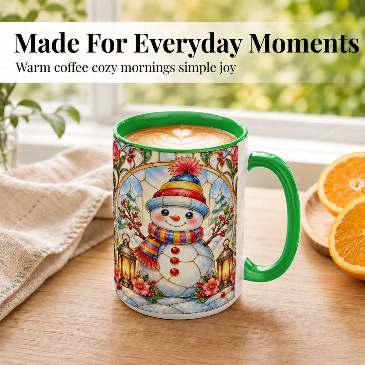 #pl[15oz|Green] Stained Glass Style Snowman Coffee Mug, Winter Snowman Mug, Ceramic Cup