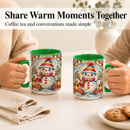 #pl[15oz|Green] Stained Glass Style Snowman Coffee Mug, Winter Snowman Mug, Ceramic Cup