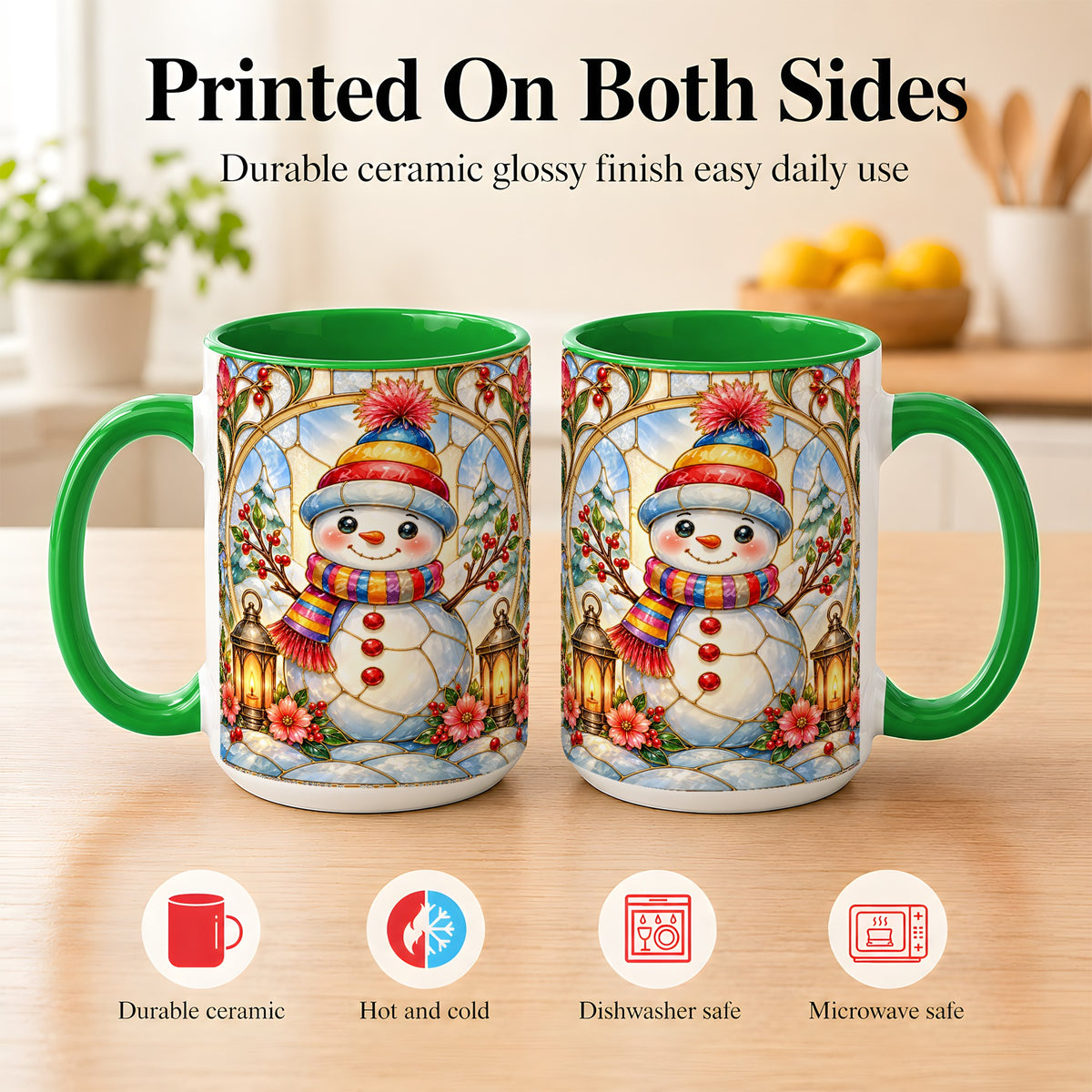 #pl[15oz|Green] Stained Glass Style Snowman Coffee Mug, Winter Snowman Mug, Ceramic Cup