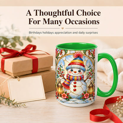 #pl[15oz|Green] Stained Glass Style Snowman Coffee Mug, Winter Snowman Mug, Ceramic Cup