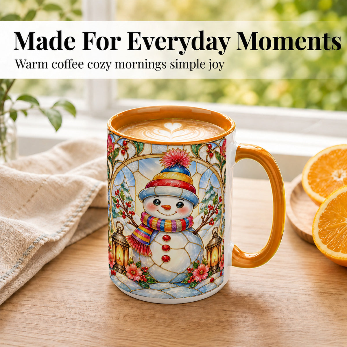 #pl[15oz|Orange] Stained Glass Style Snowman Coffee Mug, Winter Snowman Mug, Ceramic Cup