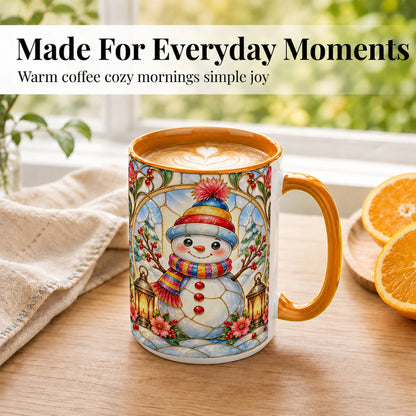 #pl[15oz|Orange] Stained Glass Style Snowman Coffee Mug, Winter Snowman Mug, Ceramic Cup