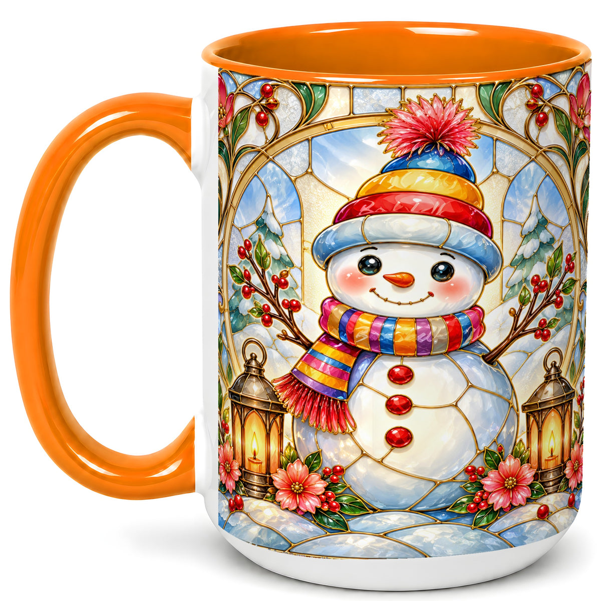 #pl[15oz|Orange] Stained Glass Style Snowman Coffee Mug, Winter Snowman Mug, Ceramic Cup